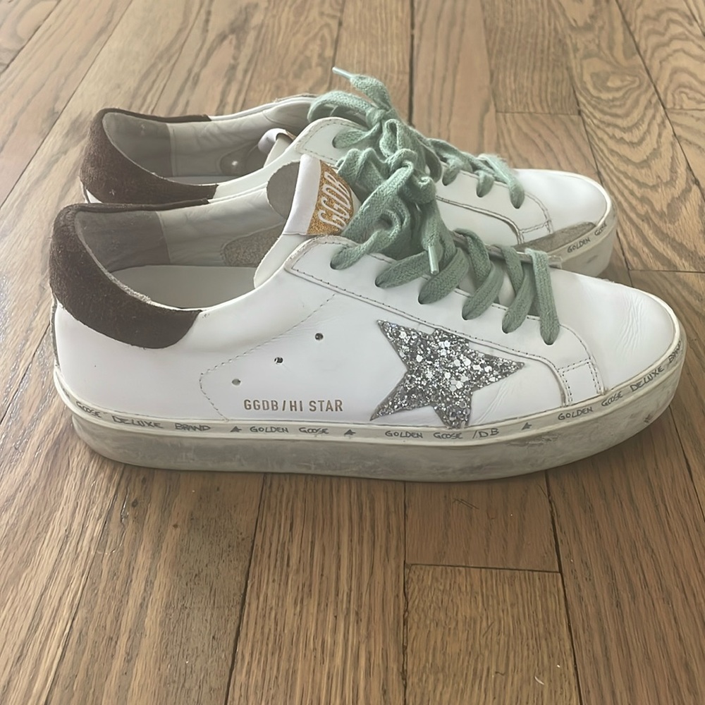 Golden Goose Hi Star Sneaker in White, Silver, & Brown